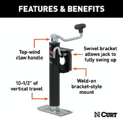 CURT 28301 Bracket-Mount Swivel Jack with Top Handle (2,000 lbs, 10 Travel, Packaged)