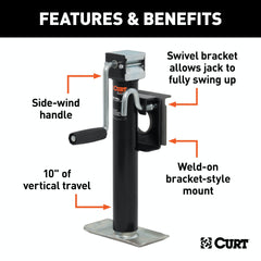 CURT 28302 Bracket-Mount Swivel Jack with Side Handle (2,000 lbs, 10 Travel)