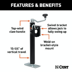 CURT 28304 Bracket-Mount Swivel Jack with Top Handle (2,000 lbs, 15 Travel)