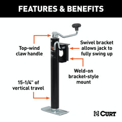 CURT 28304 Bracket-Mount Swivel Jack with Top Handle (2,000 lbs, 15 Travel)