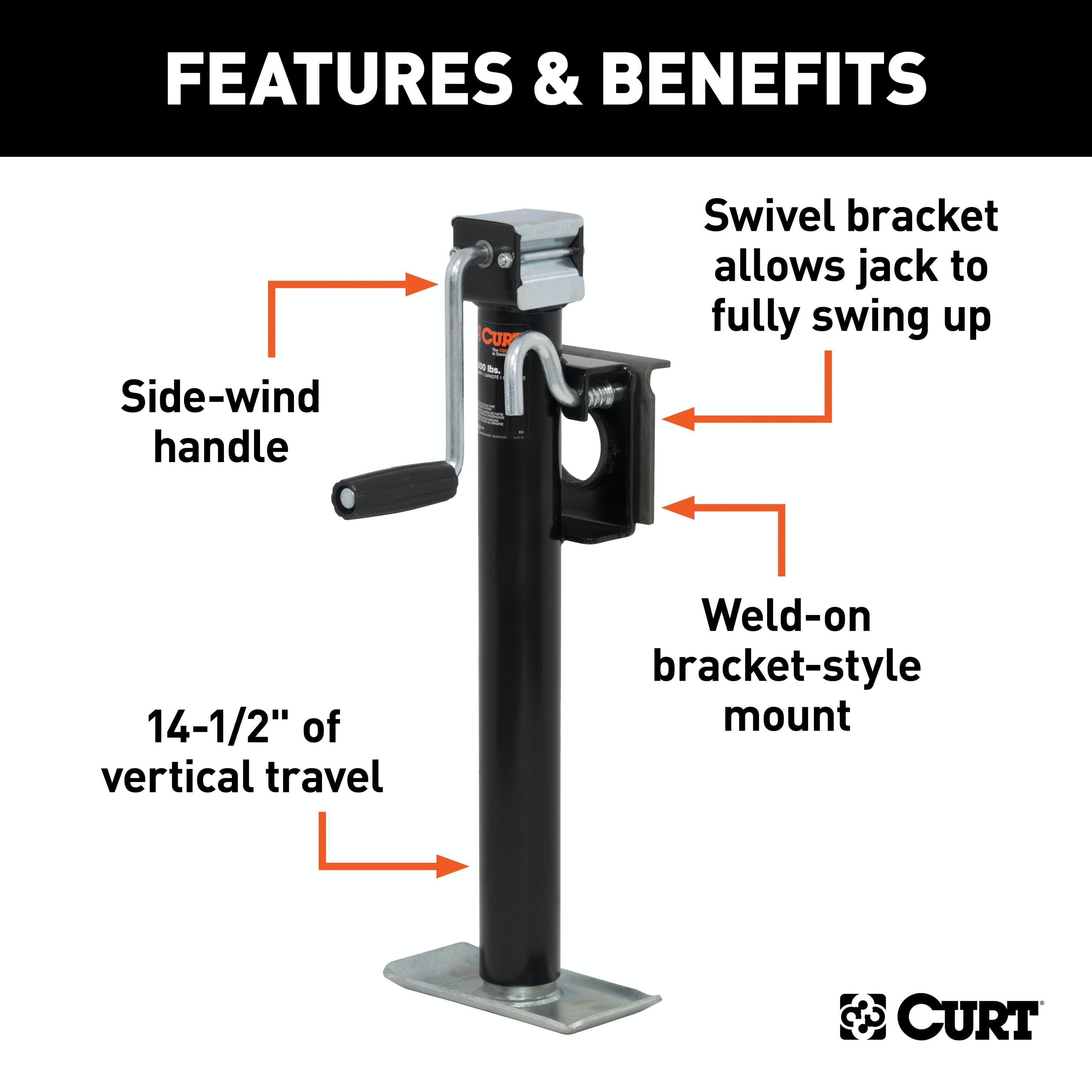 CURT 28306 Bracket-Mount Swivel Jack with Side Handle (2,000 lbs, 15 Travel)