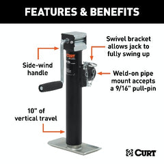 CURT 28321 Pipe-Mount Swivel Jack with Side Handle (2,000 lbs, 10 Travel)