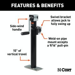 CURT 28324 Pipe-Mount Swivel Jack with Side Handle (2,000 lbs, 15 Travel)