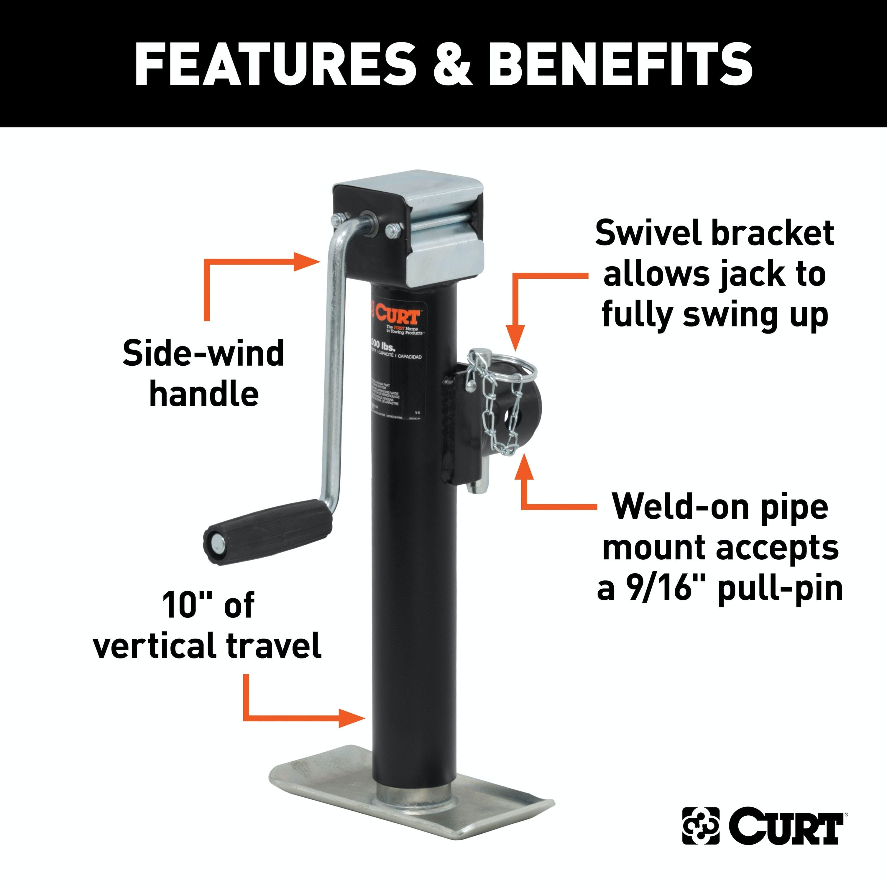 CURT 28354 Pipe-Mount Swivel Jack with Side Handle (5,000 lbs, 10 Travel)