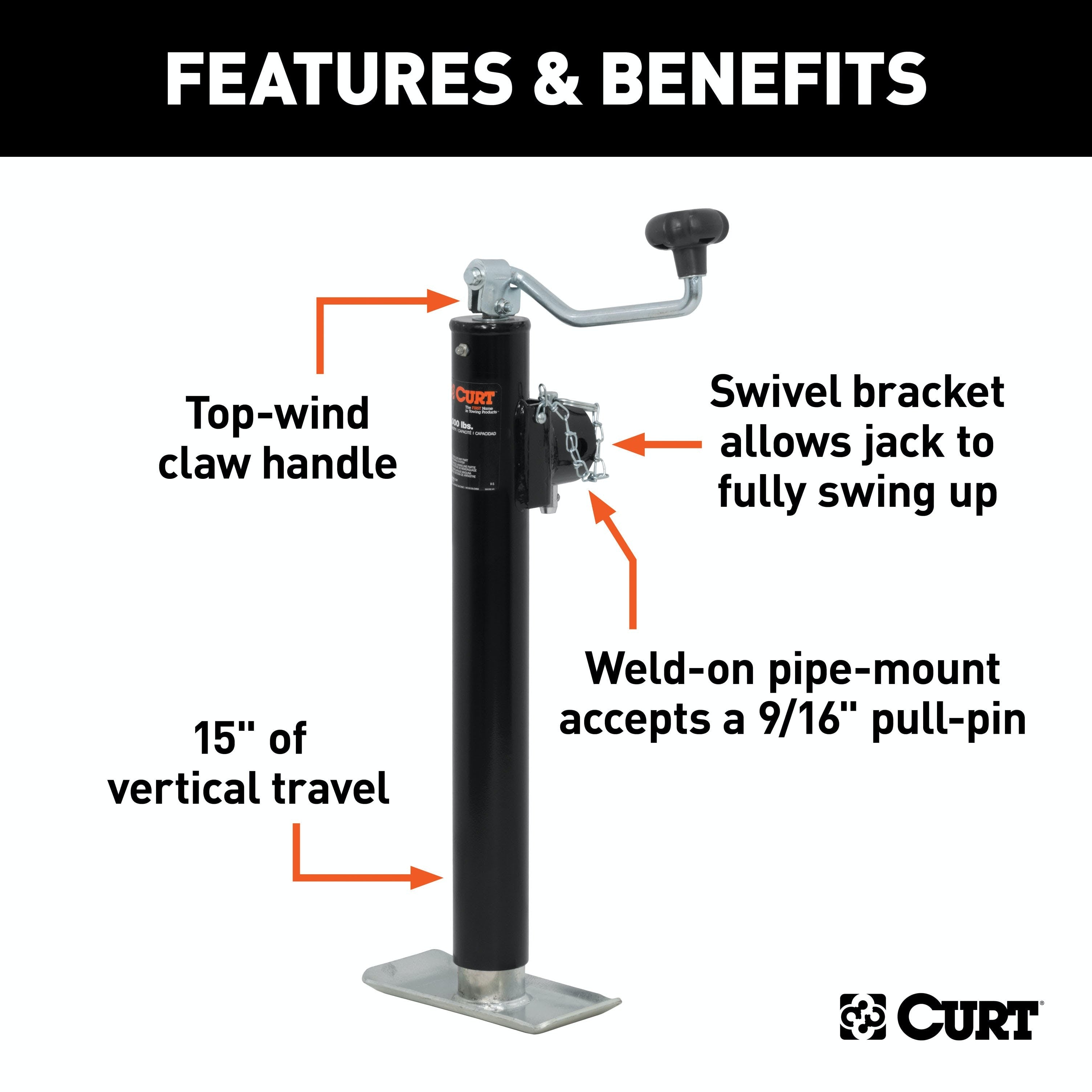 CURT 28356 Pipe-Mount Swivel Jack with Top Handle (5,000 lbs, 15 Travel)