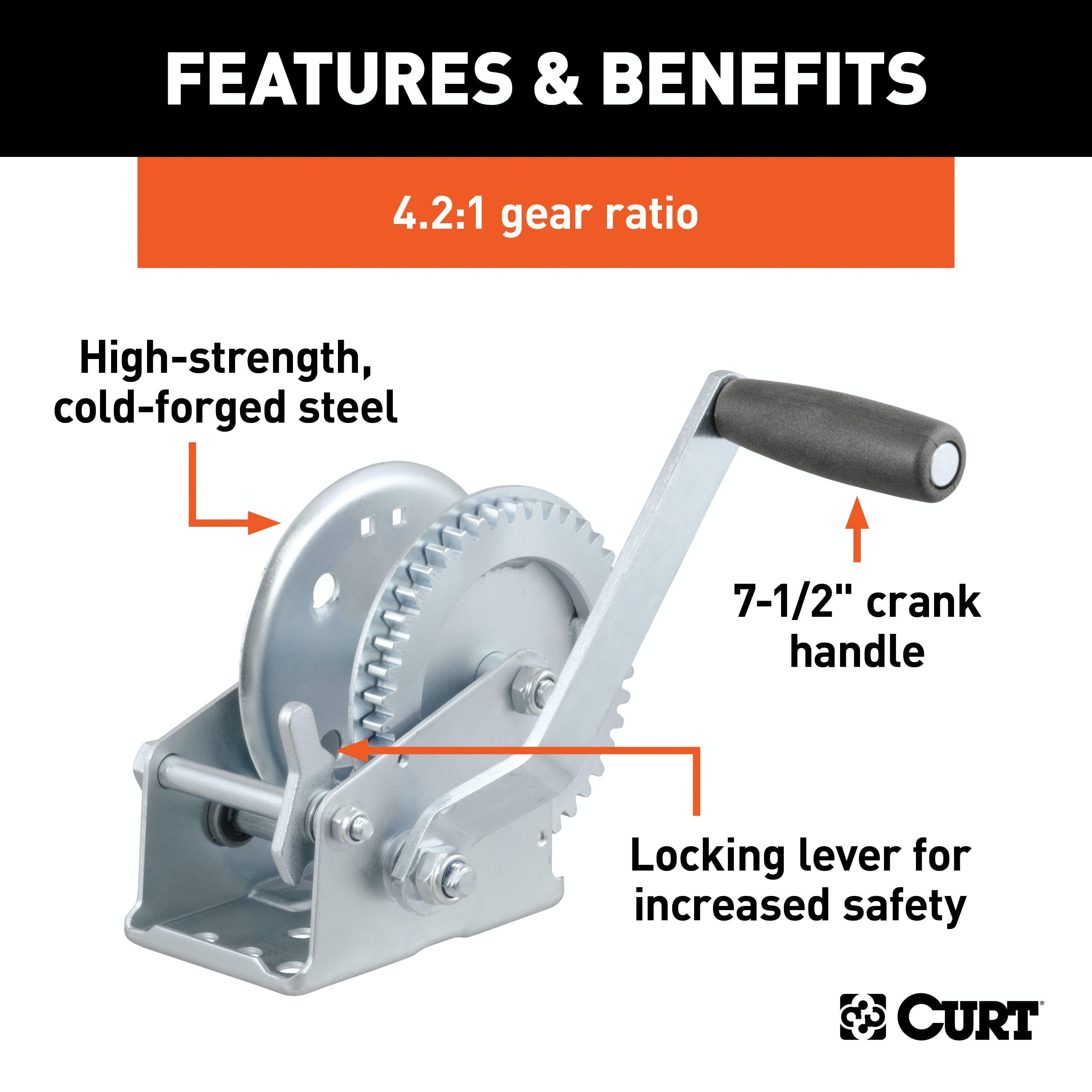 CURT 29424 Hand Crank Winch (1,200 lbs, 7-1/2 Handle)