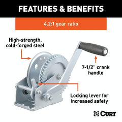 CURT 29424 Hand Crank Winch (1,200 lbs, 7-1/2 Handle)