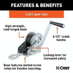 CURT 29433 Hand Crank Winch with 15' Strap (900 lbs, 6-1/2 Handle)