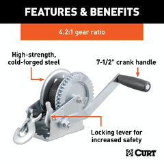 CURT 29435 Hand Crank Winch with 20' Strap (1,400 lbs, 7-1/2 Handle)