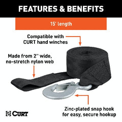 CURT 29450 15' Winch Strap with Snap Hook (1,100 lbs.)