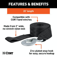 CURT 29451 20' Winch Strap with Snap Hook (1,100 lbs.)
