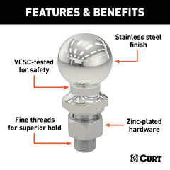 CURT 40081 1-7/8 Trailer Ball (1 x 2-1/8 Shank, 3,500 lbs., Stainless, Packaged)