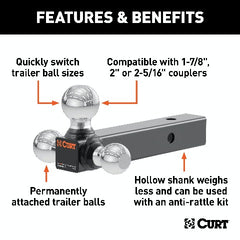 CURT 45001 Multi-Ball Mount (2 Hollow Shank, 1-7/8, 2 and 2-5/16 Chrome Balls)