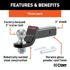 CURT 45037 Loaded Ball Mounts with 2 Balls (2 Shank, 7,500 lbs., 2 Drop, 3-Pack)