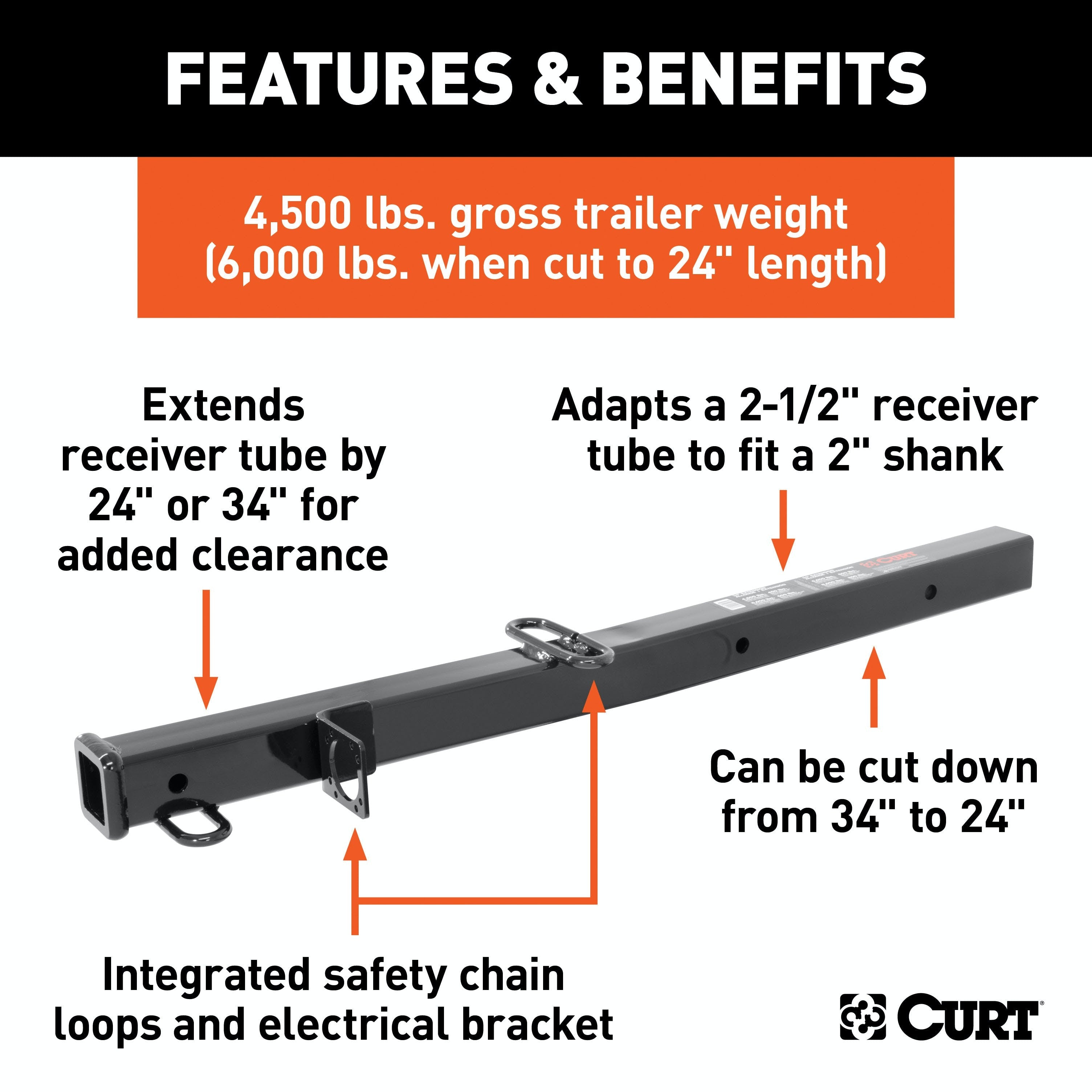 CURT 45048 Receiver Tube Adapter (2-1/2 to 2 Shank, 4,500 lbs. GTW, 34 Length)