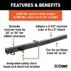 CURT 45048 Receiver Tube Adapter (2-1/2 to 2 Shank, 4,500 lbs. GTW, 34 Length)