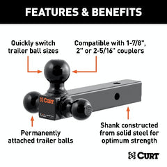 CURT 45650 Multi-Ball Mount (2 Solid Shank, 1-7/8, 2 and 2-5/16 Black Balls)