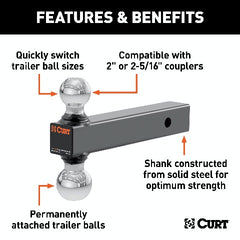 CURT 45665 Multi-Ball Mount (2 Solid Shank, 2 and 2-5/16 Chrome Balls)