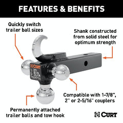 CURT 45675 Multi-Ball Mount with Hook (2 Solid Shank, 1-7/8, 2 and 2-5/16 Chrome Balls)