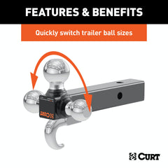 CURT 45675 Multi-Ball Mount with Hook (2 Solid Shank, 1-7/8, 2 and 2-5/16 Chrome Balls)