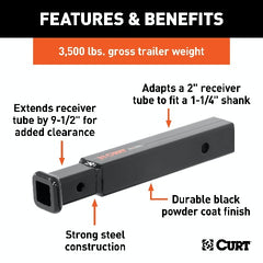 CURT 45775 Receiver Tube Adapter (2 to 1-1/4 Shank, 3,500 lbs. GTW, 9-1/2 Length)