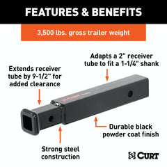 CURT 45775 Receiver Tube Adapter (2 to 1-1/4 Shank, 3,500 lbs. GTW, 9-1/2 Length)