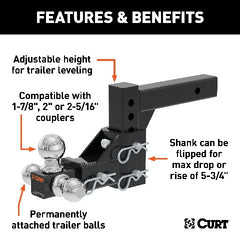 CURT 45799 Adjustable Tri-Ball Mount (2 Shank, 1-7/8, 2 and 2-5/16 Balls)