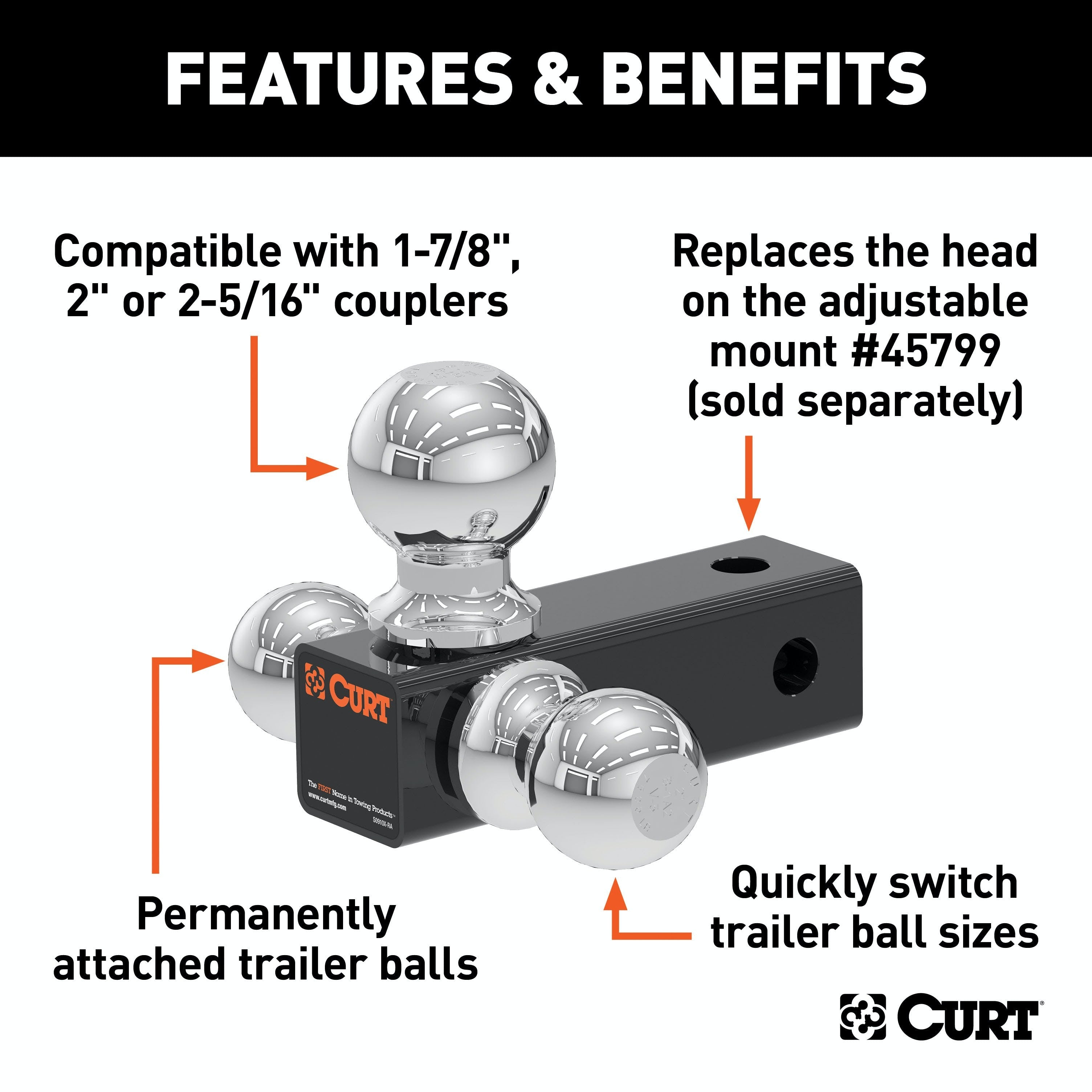 CURT 45800 Replacement Adjustable Tri-Ball Head for #45799