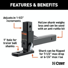 CURT 45812 Adjustable Ball Mount (2 Shank, 1 Ball Hole)