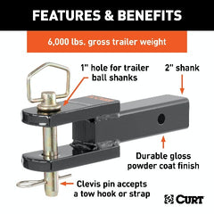 CURT 45821 Clevis Pin Ball Mount with 1 Diameter Pin (2 Shank, 6,000 lbs.)