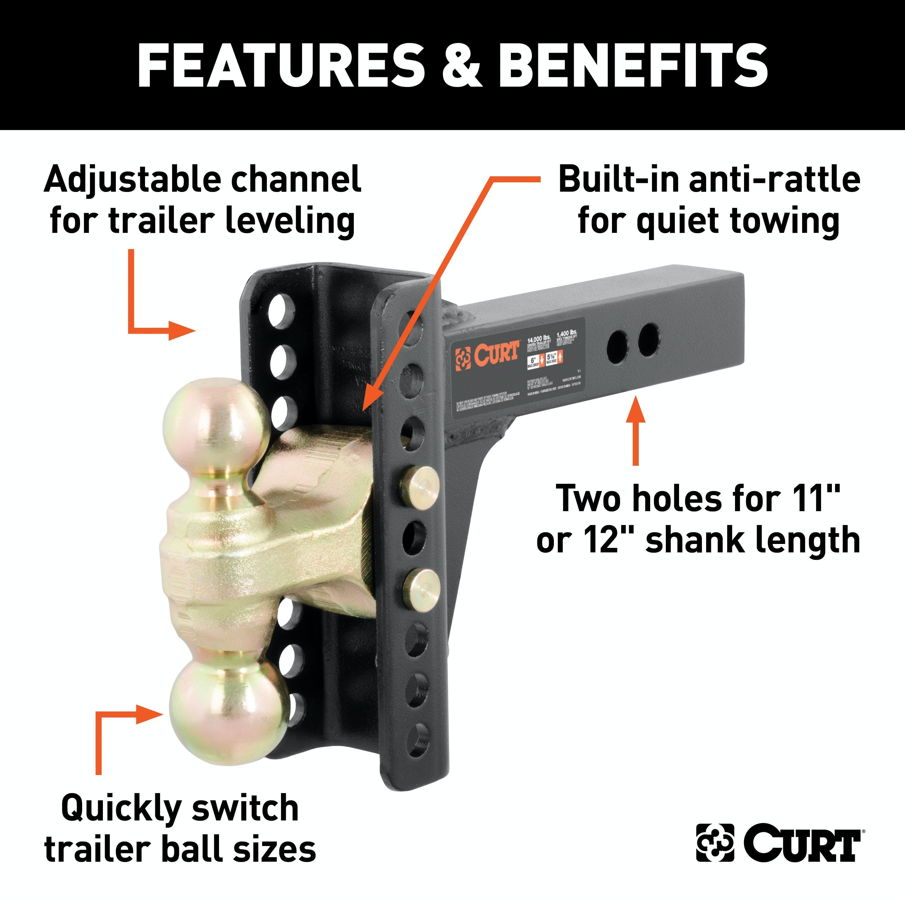 CURT 45900 Adjustable Channel Mount with Dual Ball (2 Shank, 14,000 lbs., 6 Drop)