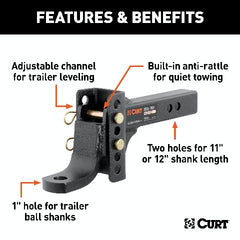 CURT 45901 Adjustable Channel Mount with 1 Ball Hole (2 Shank, 6,000 lbs., 6-3/4 Drop)