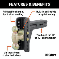 CURT 45902 Adjustable Channel Mount with Dual Ball (2-1/2 Shank, 20,000 lbs., 6 Drop)