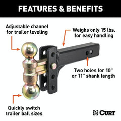 CURT 45903 Slim Adjustable Channel Mount with Dual Ball (2 Shank, 10K, 3-3/4 Drop)