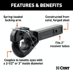 CURT 48005 Receiver-Mount Pintle Hook (2 Shank, 10,000 lbs., 2-1/2 Lunette Rings)