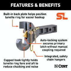 CURT 48405 SecureLatch Receiver-Mount Pintle Hook (2 Shank, 14K, 2-1/2 or 3 Lunette)
