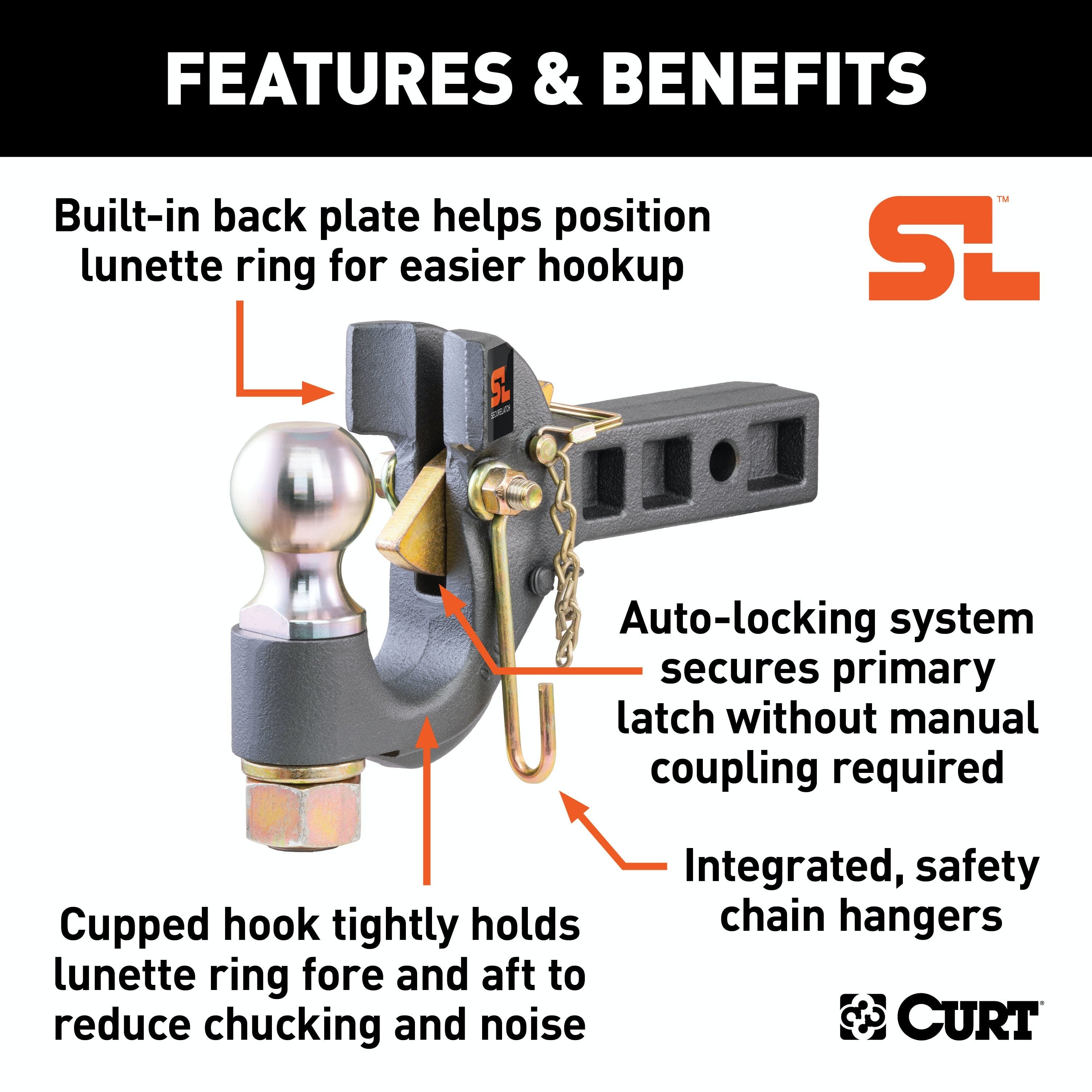 CURT 48406 SecureLatch Receiver-Mount Ball and Pintle Hitch (2 Shank, 2-5/16 Ball, 14K)
