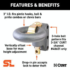 CURT 48626 SecureLatch Channel-Style Lunette Ring (40,000 lbs., 3 ID)
