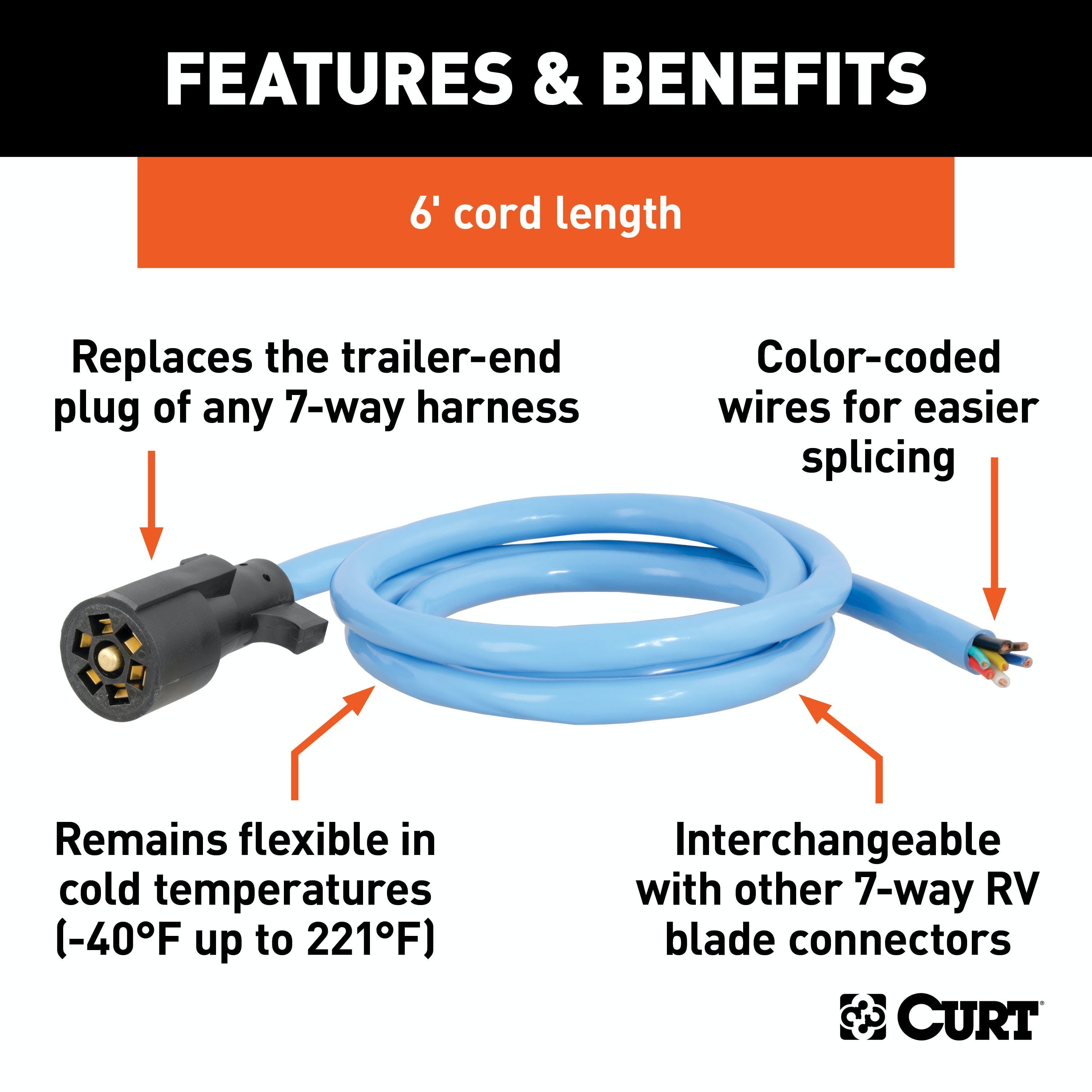 CURT 56611 Cold-Weather Replacement 7-Way RV Blade with 6' Wires (Trailer Side)