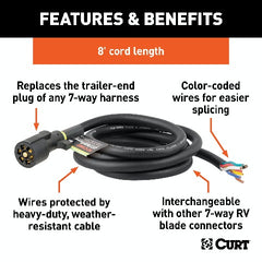 CURT 56622 Replacement 7-Way RV Blade with 8' Wires (Trailer Side, Packaged)
