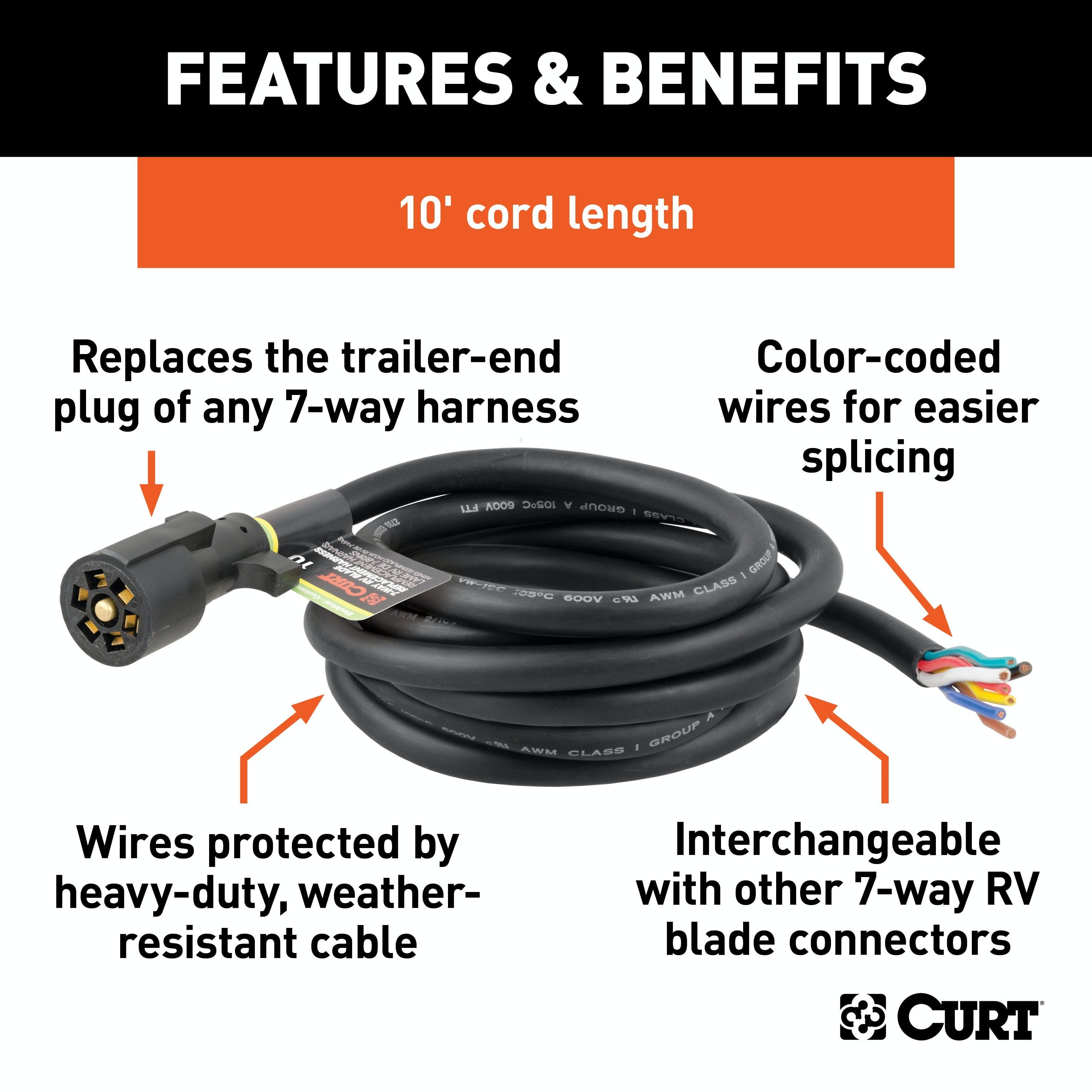 CURT 56623 Replacement 7-Way RV Blade with 10' Wires (Trailer Side, Packaged)