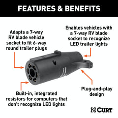 CURT 57005 LED Electrical Adapter (7-Way RV Blade Vehicle to 6-Way Round Trailer)