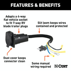 CURT 57184 Electrical Adapter (4-Way Flat Vehicle to 7-Way RV Blade Trailer)