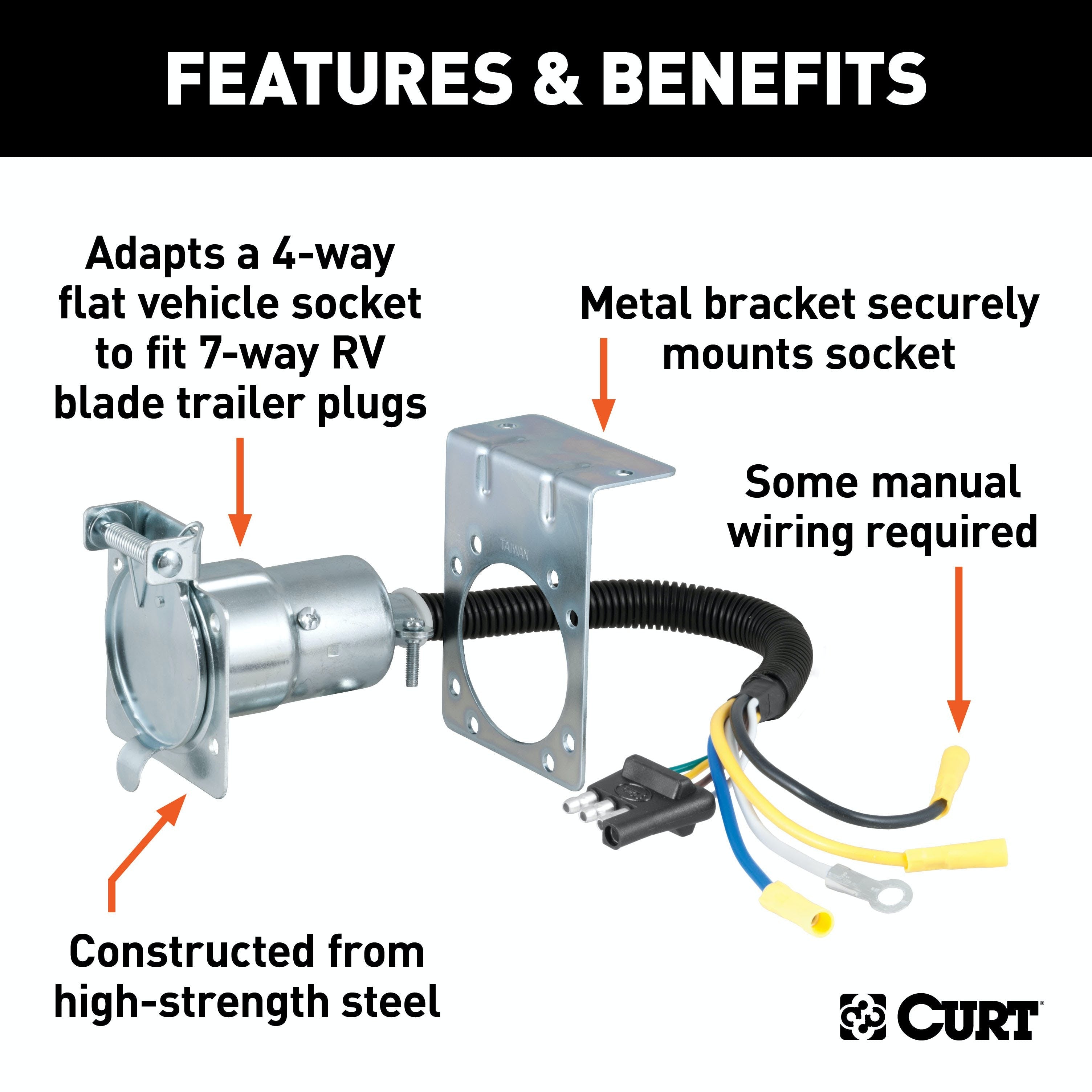 CURT 57185 Electrical Adapter with Bracket (4-Way Flat Vehicle to 7-Way RV Blade Trailer)