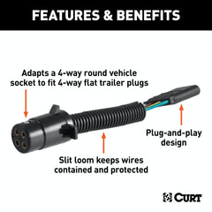 CURT 57224 Electrical Adapter (4-Way Round Vehicle to 4-Way Flat Trailer)