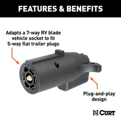 CURT 57250 Electrical Adapter (7-Way RV Blade Vehicle to 5-Way Flat Trailer)