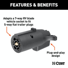 CURT 57251 Electrical Adapter (7-Way RV Blade Vehicle to 5-Way Flat Trailer, Packaged)