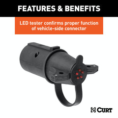 CURT 57255 Adapter with Tester (7-Way RV Blade to 6-Round Trailer, Center Pin Auxiliary)