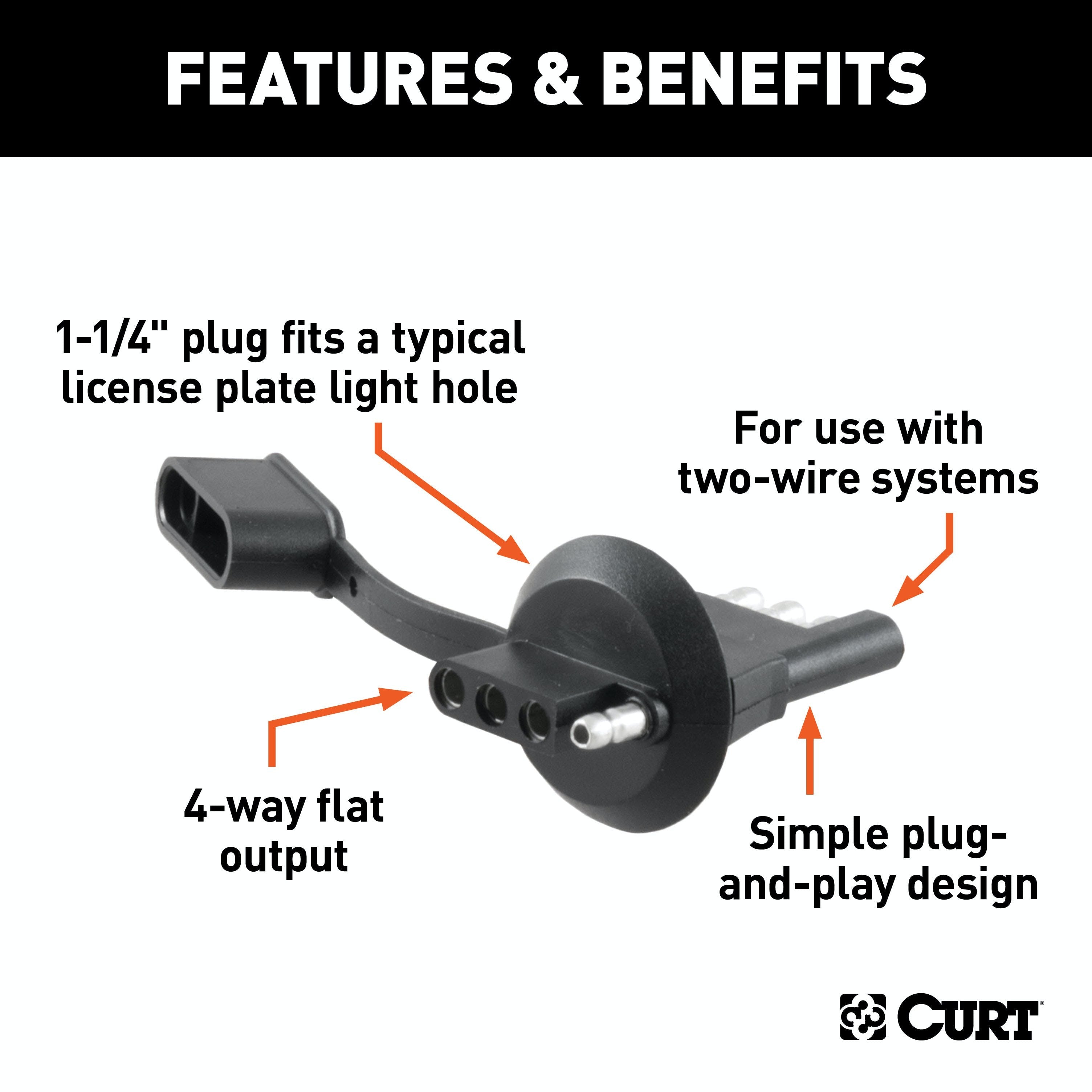 CURT 57404 4-Way Flat License Plate Light Plug Adapter (Packaged)