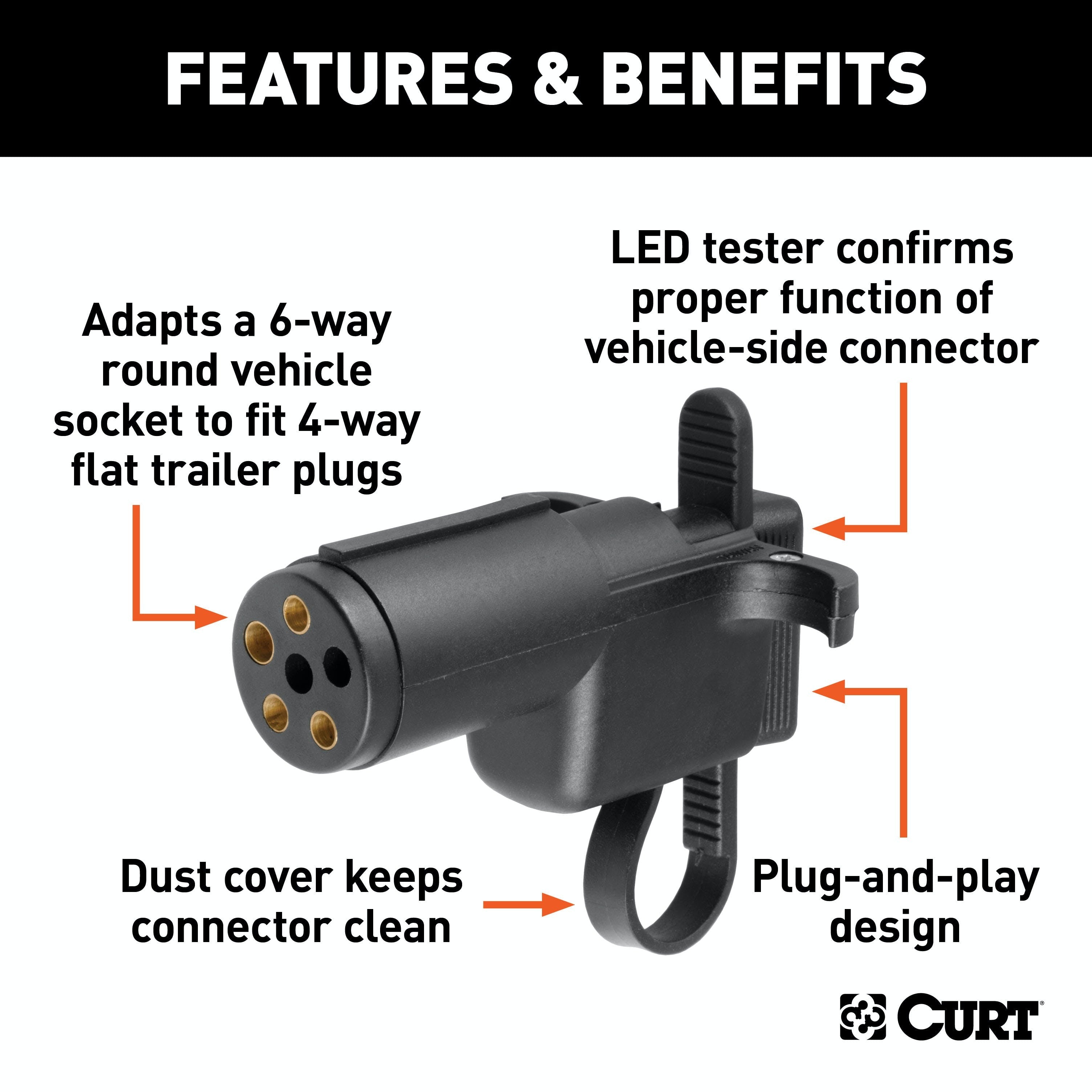 CURT 57627 Electrical Adapter with Tester (6-Way Round Vehicle to 4-Way Flat Trailer)